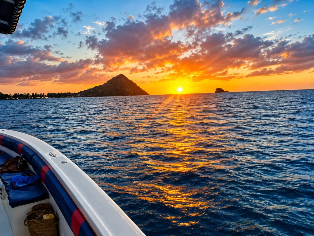 Caribbean sunset seen from the bow of the boat on a St. Lucia sunset cruise