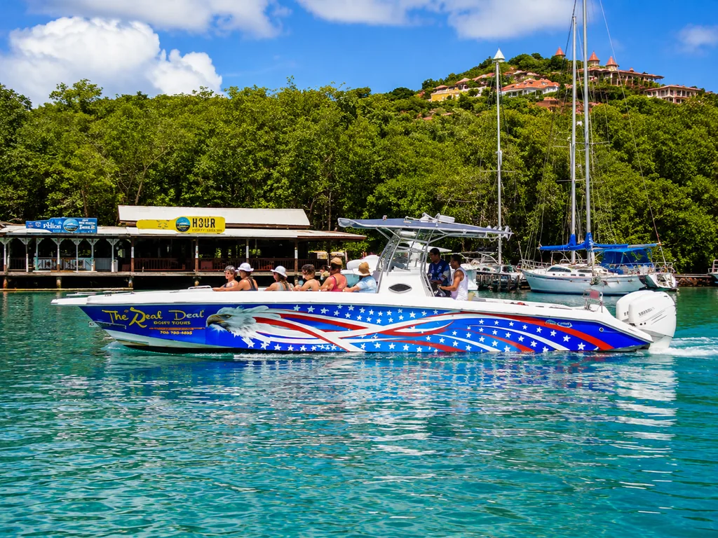 The Real Deal Boat Tours speedboat moored at a marina in St. Lucia