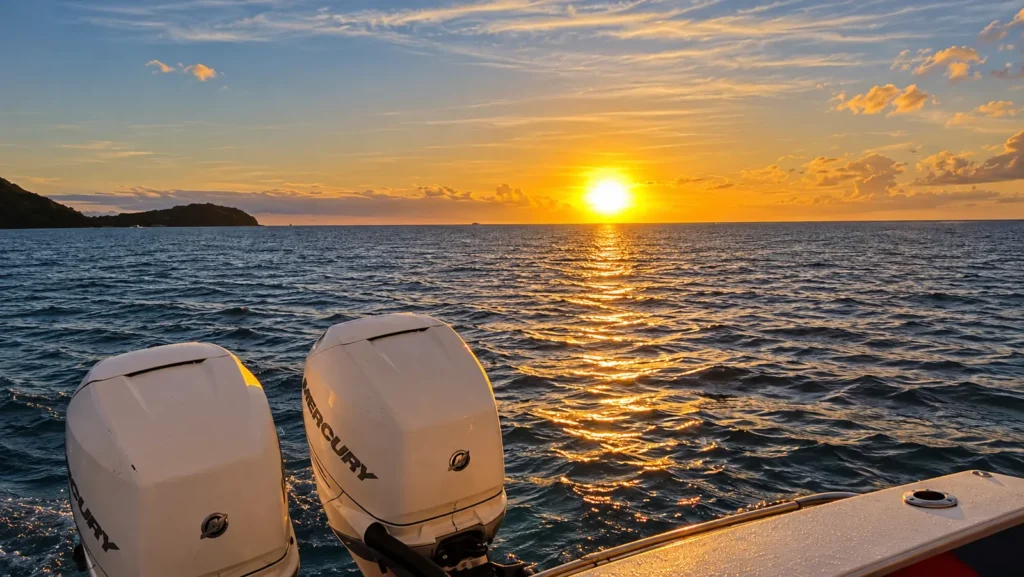 Sunset over the Caribbean Sea seen from the back of a private boat, St. Lucia