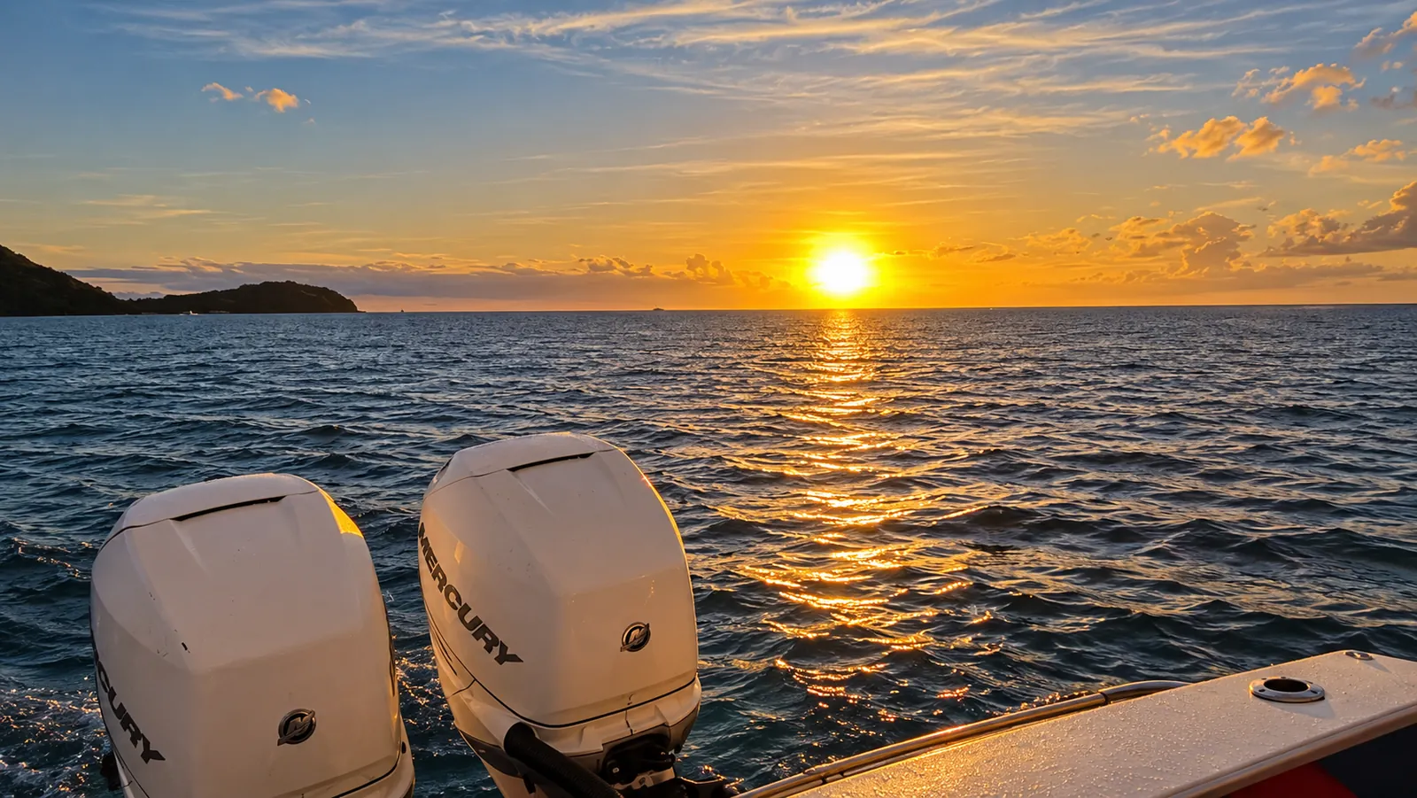 Sunset over the Caribbean Sea seen from the back of a private boat, St. Lucia