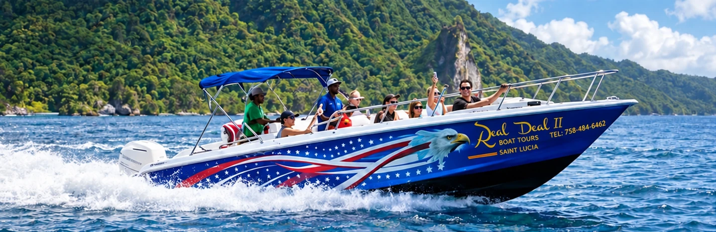 The 28ft Bowen speedboat of The Real Deal Boat Tours with guests on board off the Saint Lucia coast