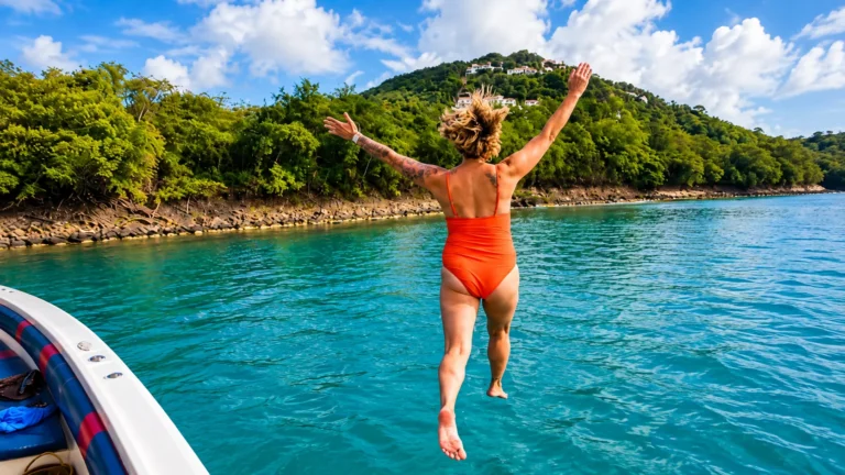 Guest jumping from the boat into turquoise water at a swim stop, Saint Lucia