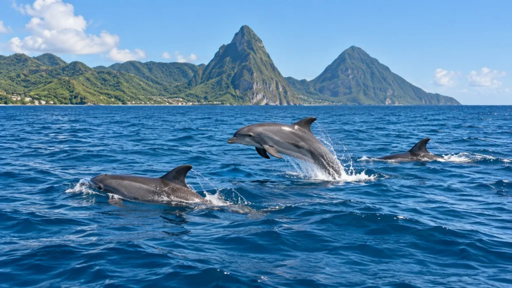 Dolphins leaping in the open sea off Saint Lucia with the Pitons in the background