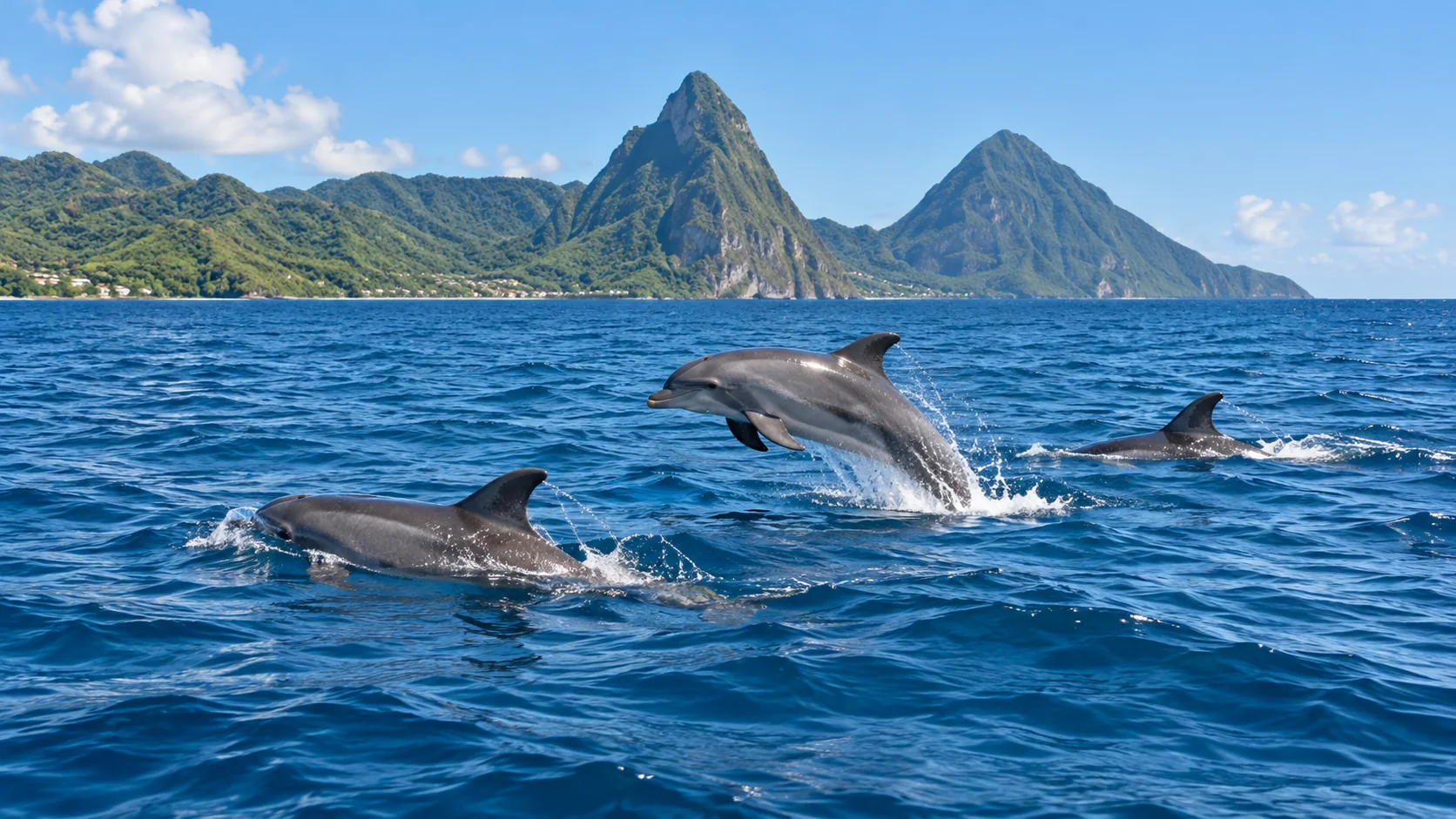 Dolphins leaping in the open sea off Saint Lucia with the Pitons in the background